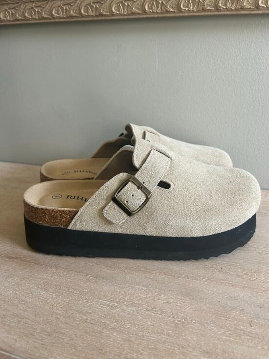 rihero Shoes - Rihero Suede Slip On mules Beige Platform Sole Cushioned Footbed  Casual Comfort